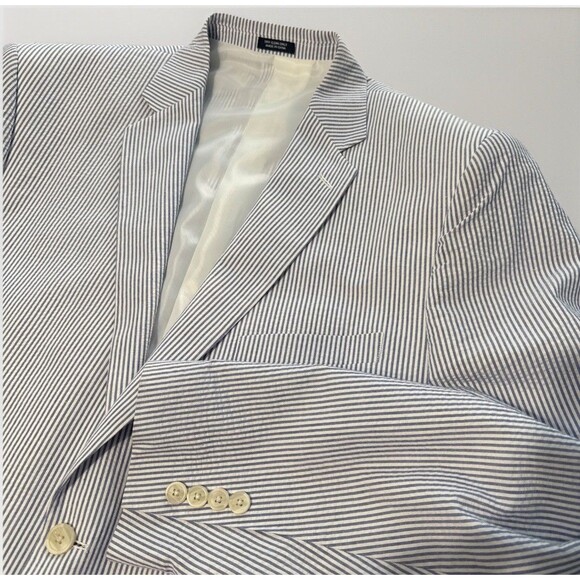 Saddlebred Seersucker Blazer Jacket Sport Coat Men’s 48L Blue White Stripes - Picture 1 of 13